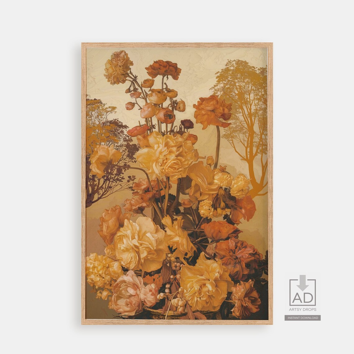 Golden Autumn Roses Tree Silhouettes Still Life Warm Floral Poster