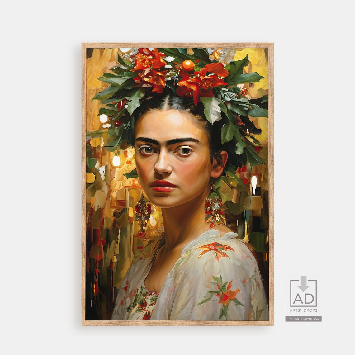 Frida Kahlo Inspired Floral Crown Portrait Art Painting Poster