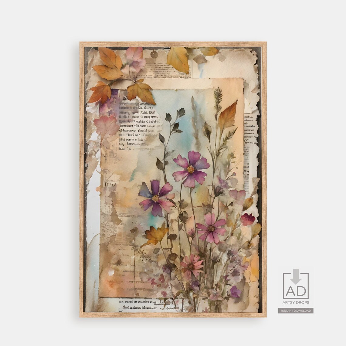 Vintage Wildflower Collage Painting On Aged Book Paper Poster