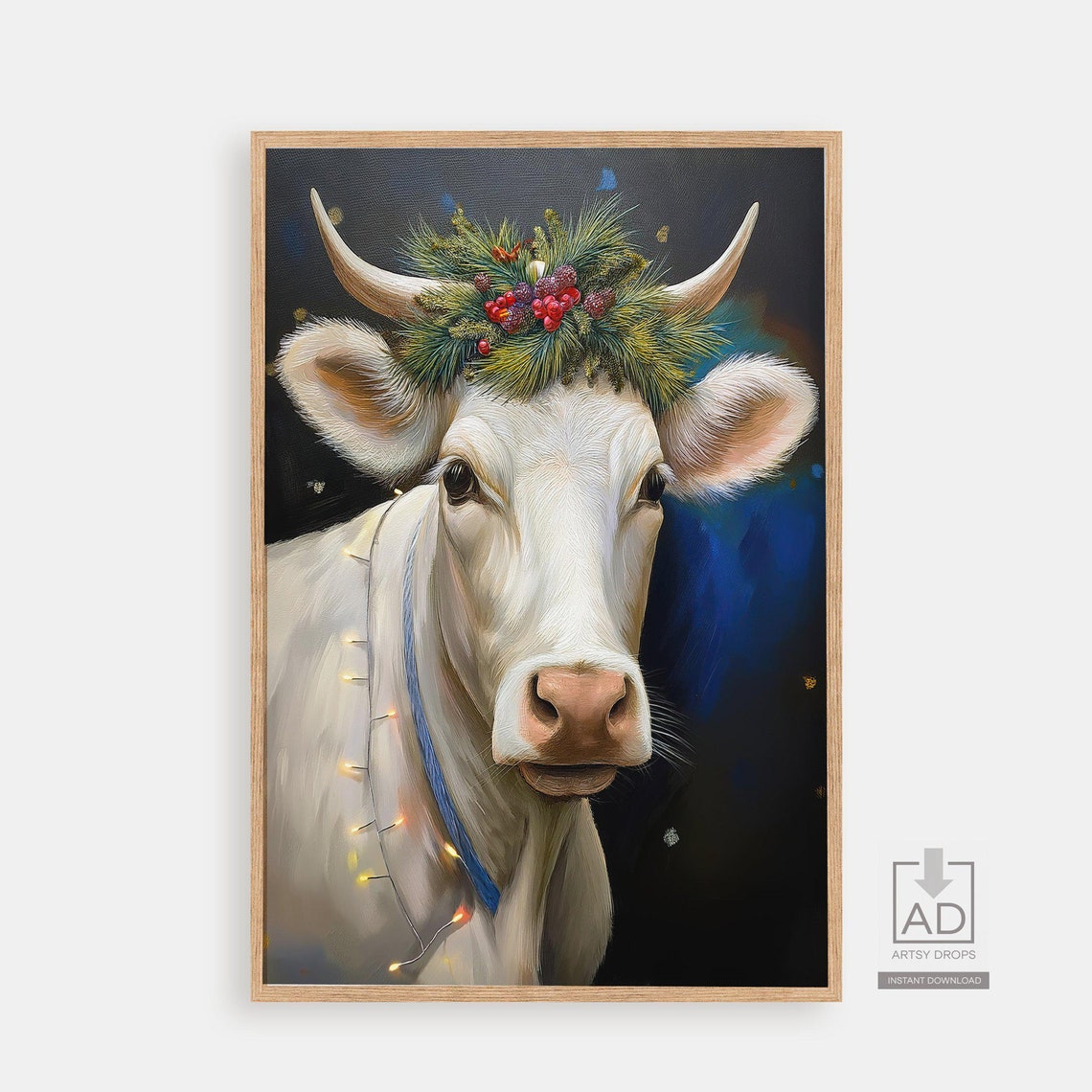 Christmas Cow Art Print Festive Farmhouse Decor Wall Rustic Holiday Animal Illustration Poster