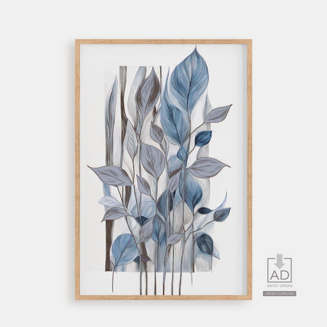 Minimalist Blue Gray Leaf Stems Painting Modern Botanical Poster