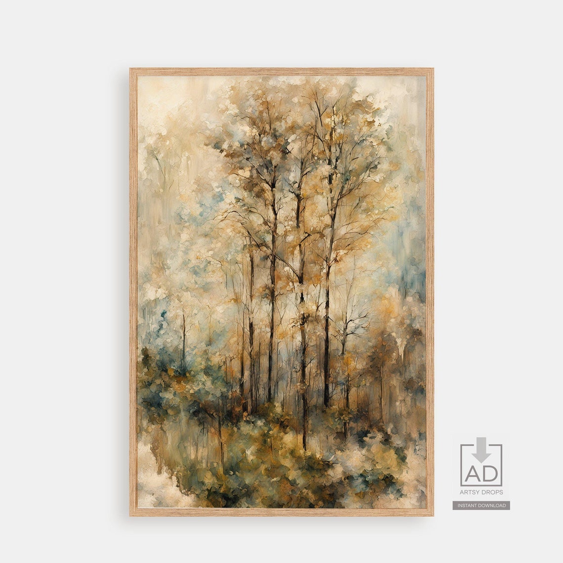 Ethereal Misty Forest Watercolor Tall Trees Serene Nature Poster