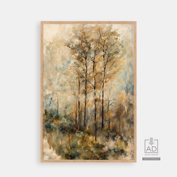 Ethereal Misty Forest Watercolor Tall Trees Serene Nature Poster