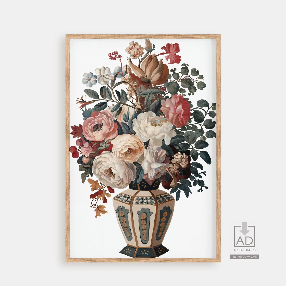 White Blush Bouquet Chinoiserie Patterned Vase Botanical Art Poster