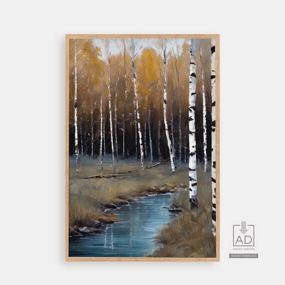 Autumn Birch Forest Stream Golden Canopy Painterly Landscape Poster