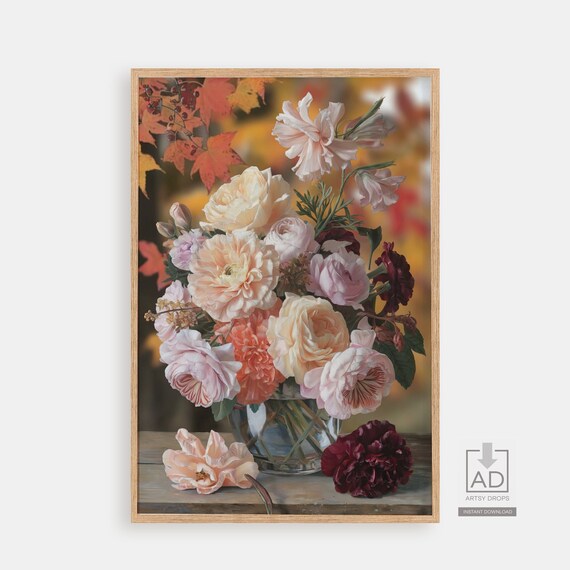 Cream Roses Peonies Glass Vase Autumn Maple Leaf Floral Art Poster