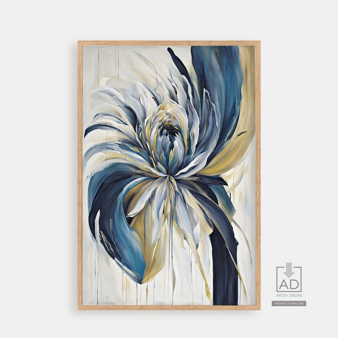 Elegant Abstract Flower Painting In White Blue And Gold Poster