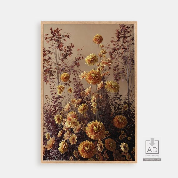Golden Autumn Chrysanthemum Painting With Burgundy Foliage Poster