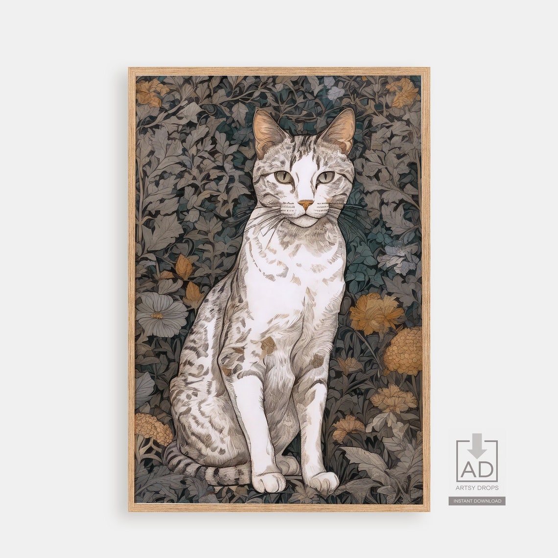 Elegant Cat Art Print Vintage Style Feline Illustration Botanical Wall Decor Unique Lover Gift Home Office