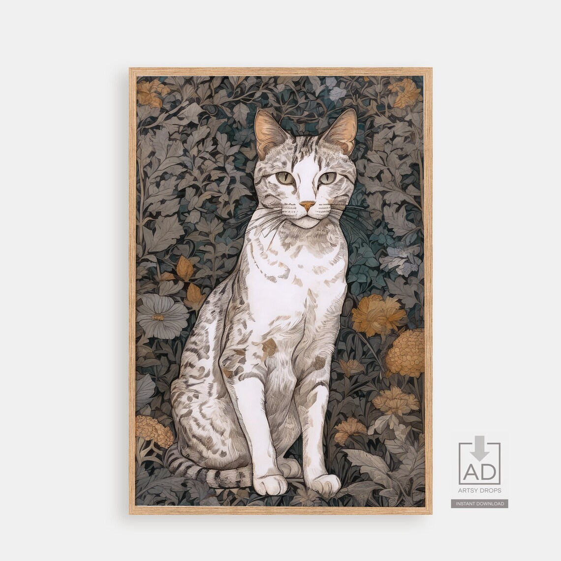 Gray Tabby Cat Botanical Illustration Vintage Floral Feline Wall Art