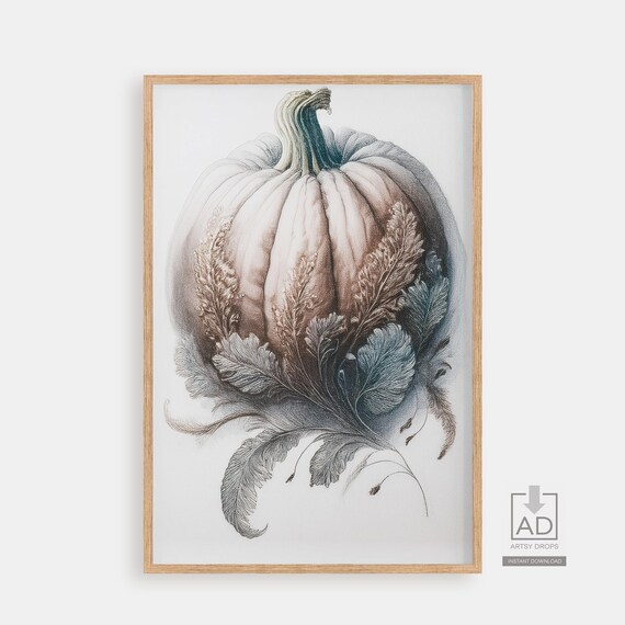 White Pumpkin Soft Botanical Sketch Delicate Feather Leaf Art Poster