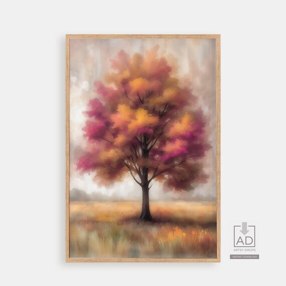Magenta Autumn Tree Golden Field Watercolor Romantic Fall Poster