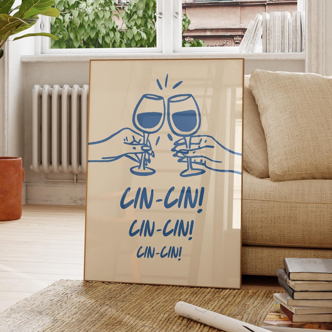 Cin Cin Wine Glasses Cheers Toast Blue Minimalist Line Art Poster