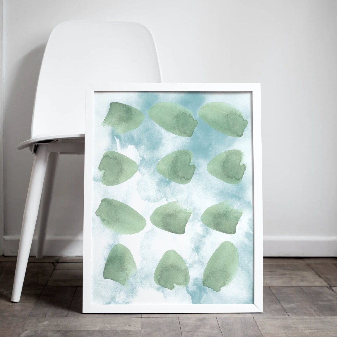 Green Watercolor Stones Poster Abstract Pebble Grid On Blue Wash - Image 4