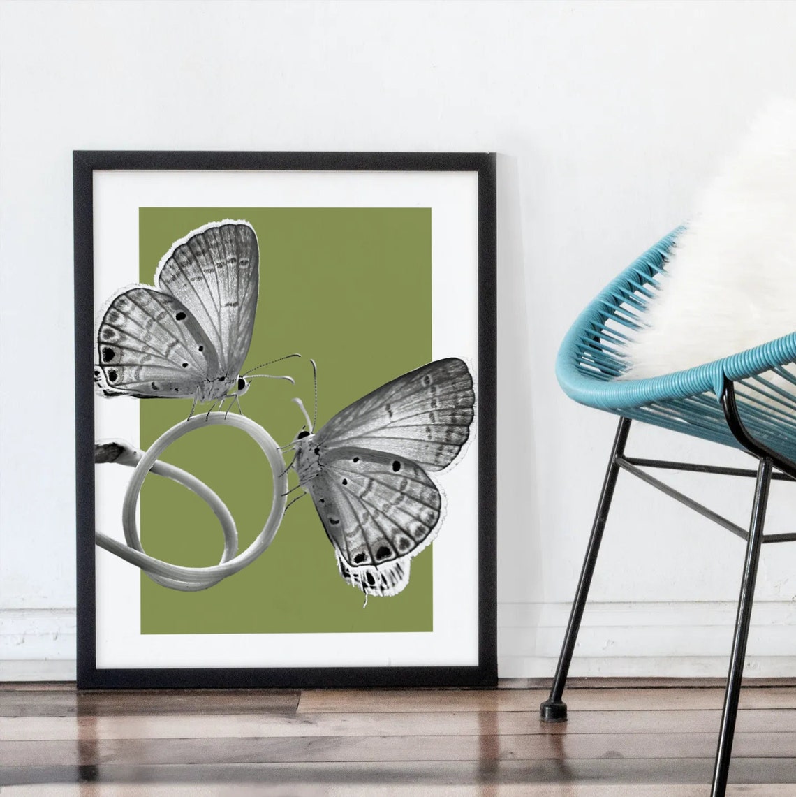 Two Butterflies Olive Green Botanical Black and White Art Poster - Image 3