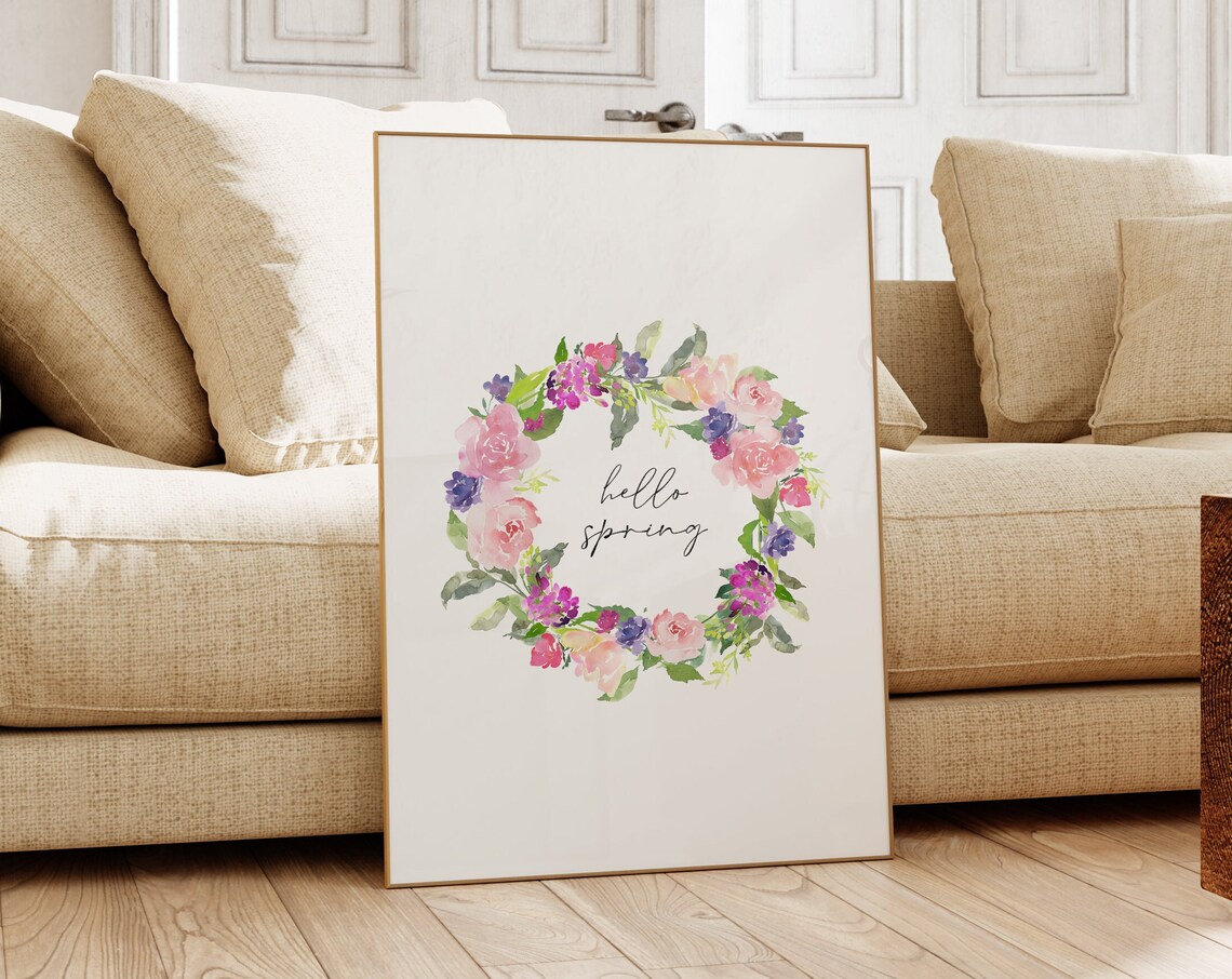 Hello Spring Pink Floral Wreath Watercolor Seasonal Decor Poster - Image 4