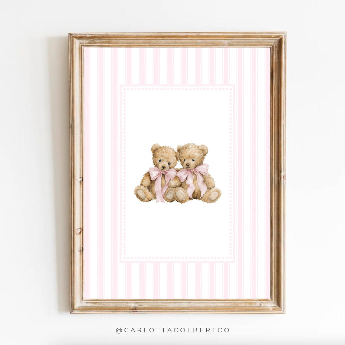 Vintage Twin Teddy Bears Pink Bows Striped Newborn Nursery Poster