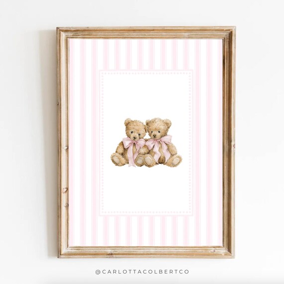 Twin Sister Nursery Art Pink Decor Teddy Bear Poster Baby Girl Vintage Room Wall Newborn