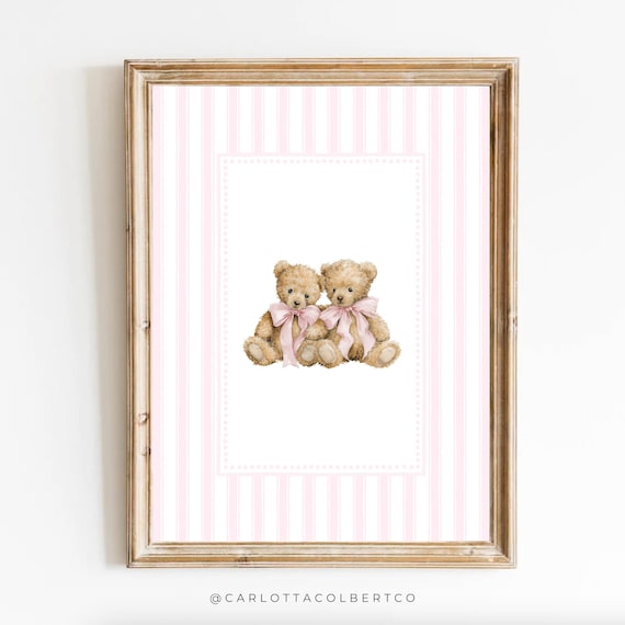Vintage Twin Teddy Bears Pink Bows Striped Newborn Nursery Poster