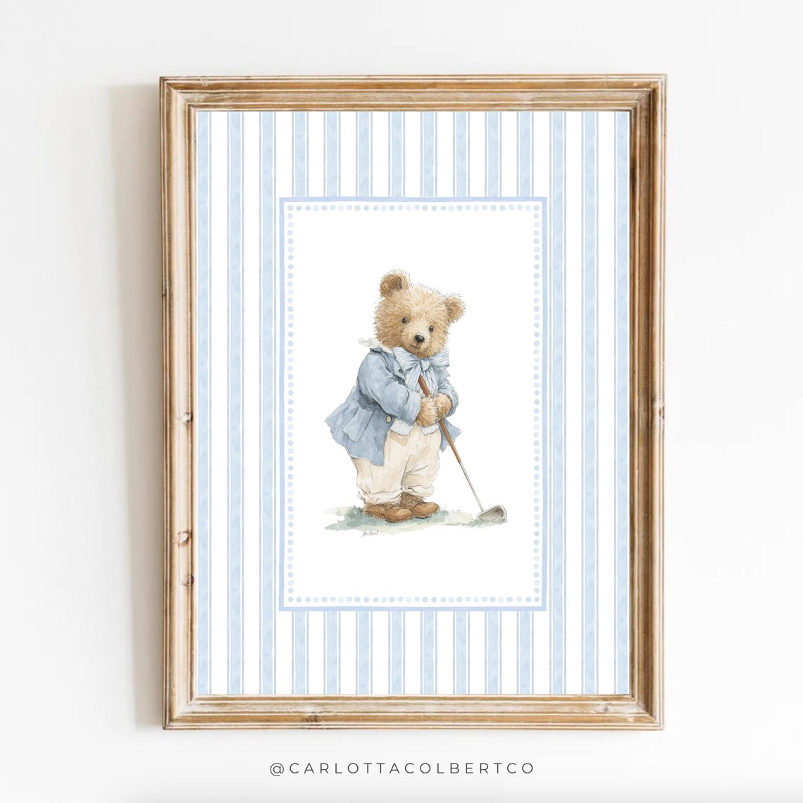 Blue Striped Teddy Bear Golfer Watercolor Nursery Art Poster With Club