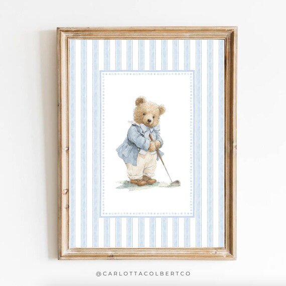 Blue Striped Teddy Bear Golfer Watercolor Nursery Art Poster With Club
