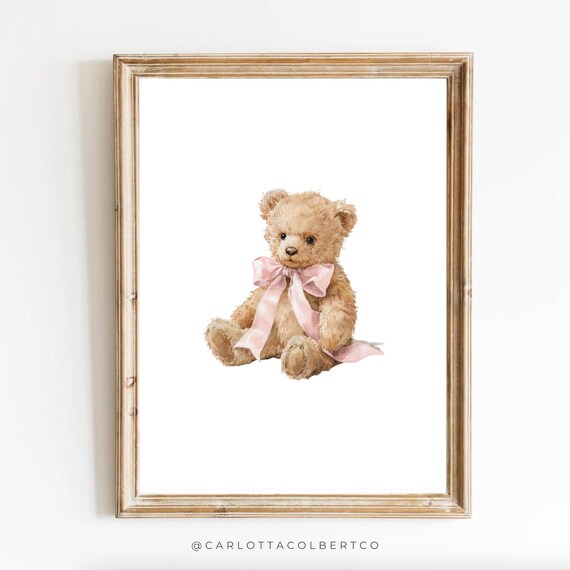 Pink Nursery Art Bear Vintage Girl Room Decor Grandmillennial Teddy Poster
