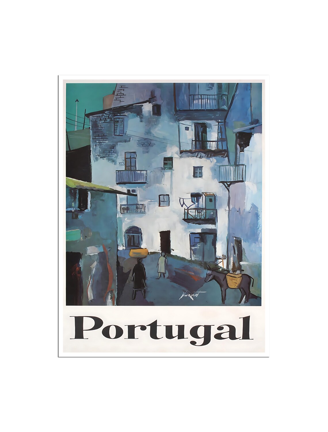 Portugal Vintage Old Town Street Donkey Painterly Travel Poster