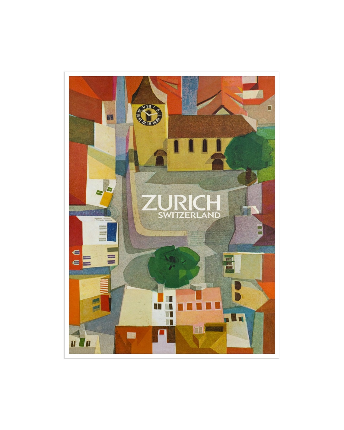 Zurich Switzerland Abstract Old Town Clock Tower Travel Art Poster