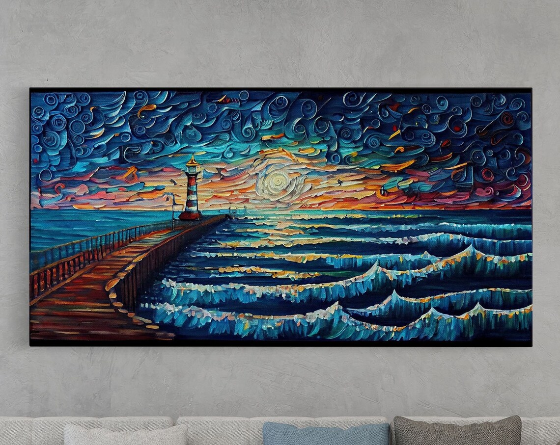 Starry Night Lighthouse Sunset Pier Ocean Waves Swirling Sky Art Poster - Image 6