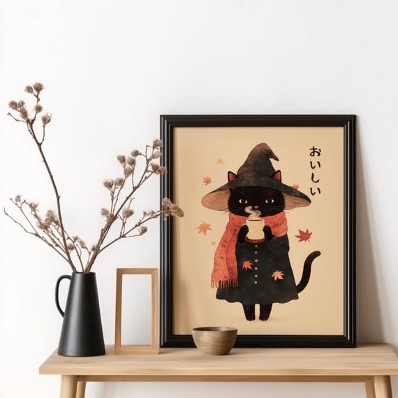 Coffee Witch Cat Print Japanese Oishii Fall Poster Black Art Halloween