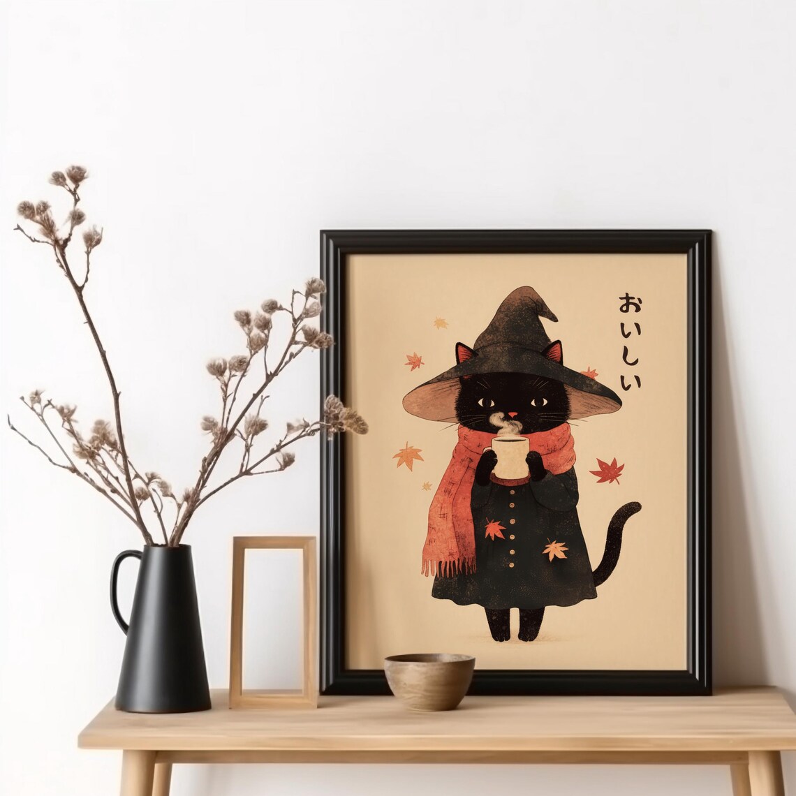 Oishii Witch Cat Drinking Coffee Japanese Fall Halloween Art Poster