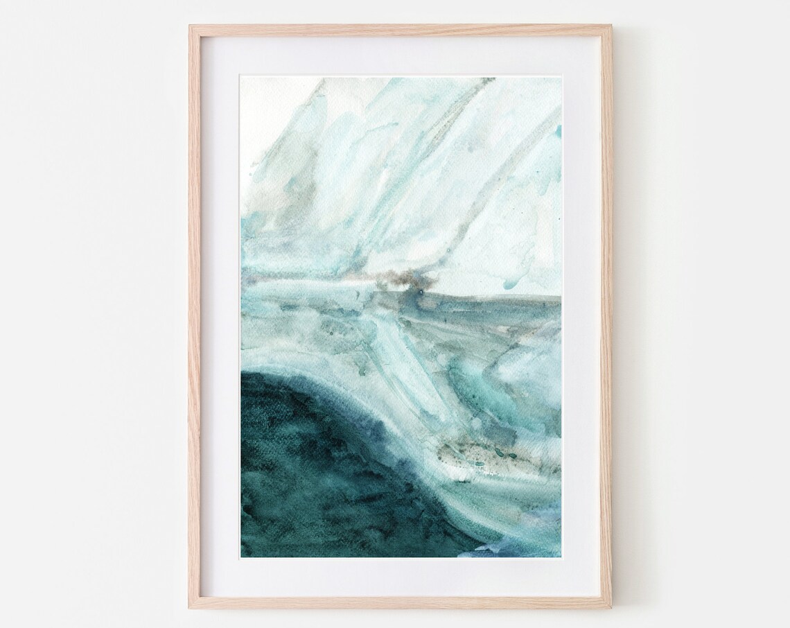 Turquoise White Abstract Watercolor Ocean Wave Style Art Poster