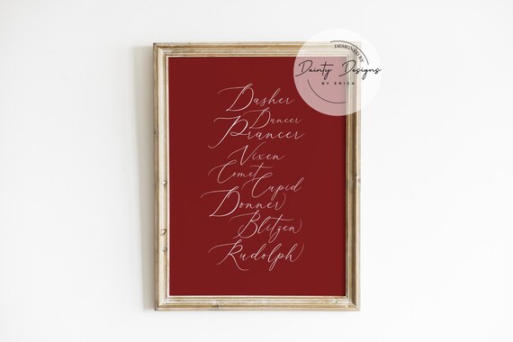 Santa Reindeer Names Elegant Script Burgundy Beautiful Poster