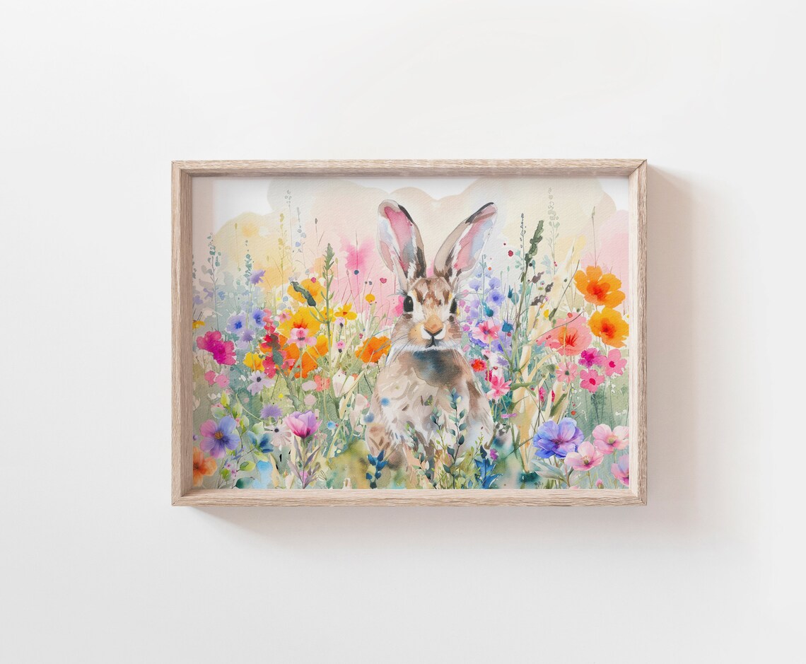 Spring Bunny Watercolor Wildflowers Poster Easter Bunny Nursery Art - Image 2