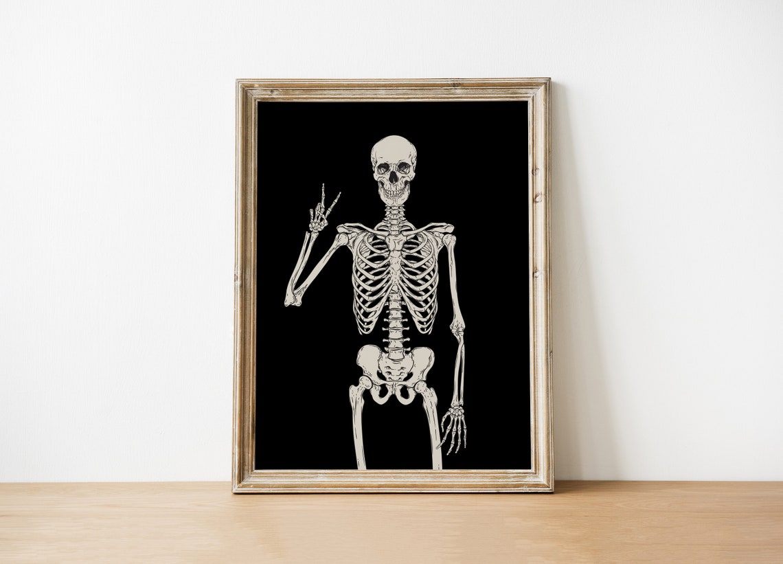Skeleton Peace Sign Black Background Gothic Halloween Decor Poster - Image 2