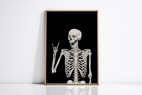 Funny Skeleton Rock On Hand Halloween Black Background Art Poster