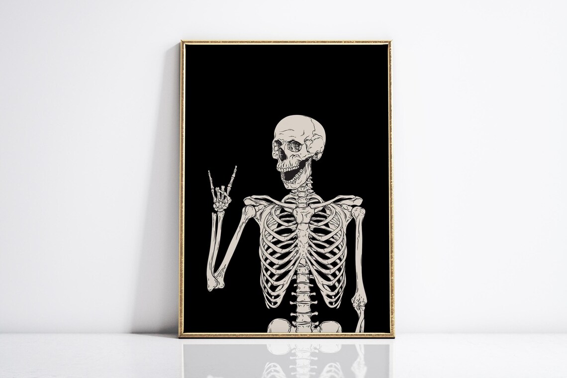 Funny Skeleton Rock On Hand Halloween Black Background Art Poster