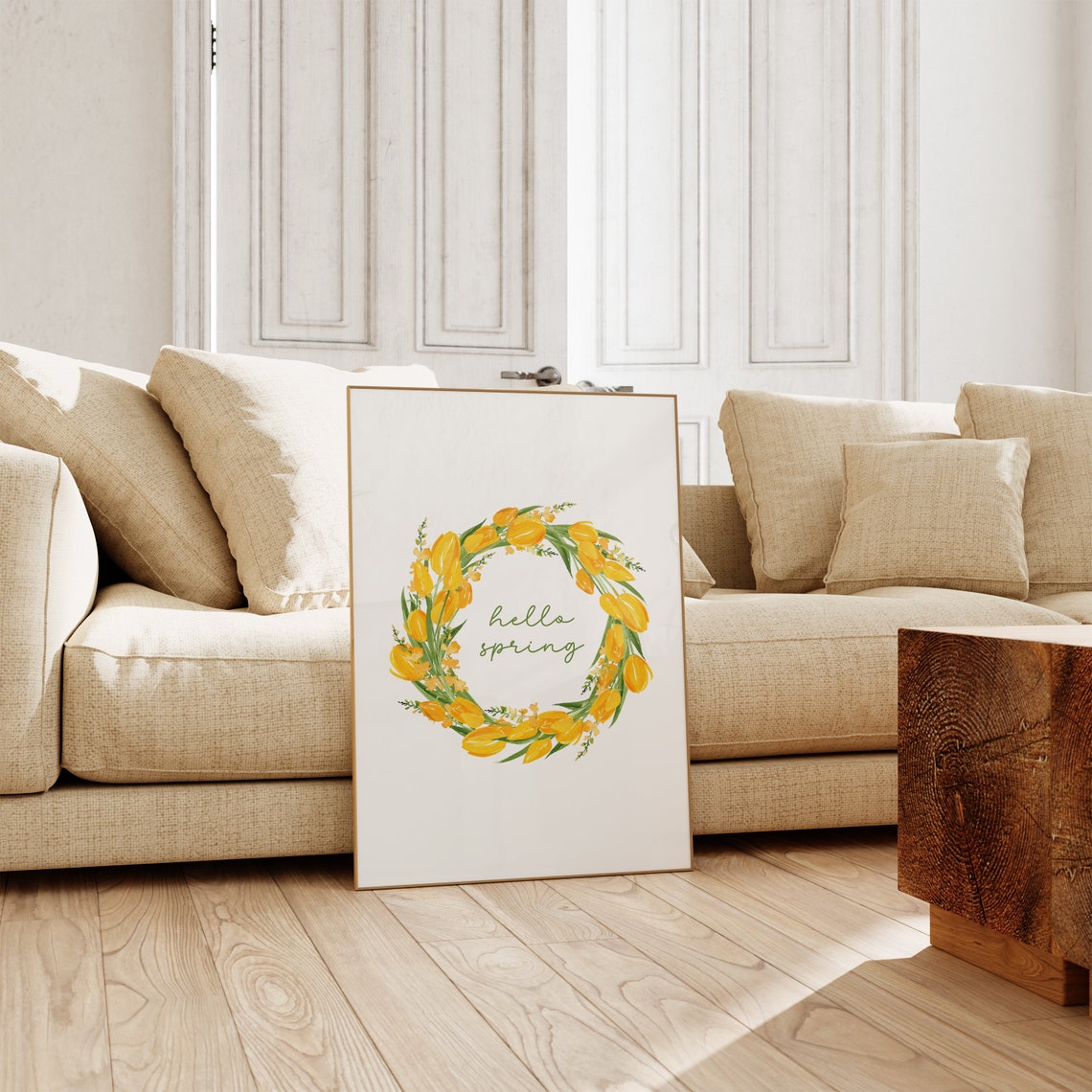 Hello Spring Yellow Tulip Wreath Watercolor Easter Floral Art Poster - Image 3