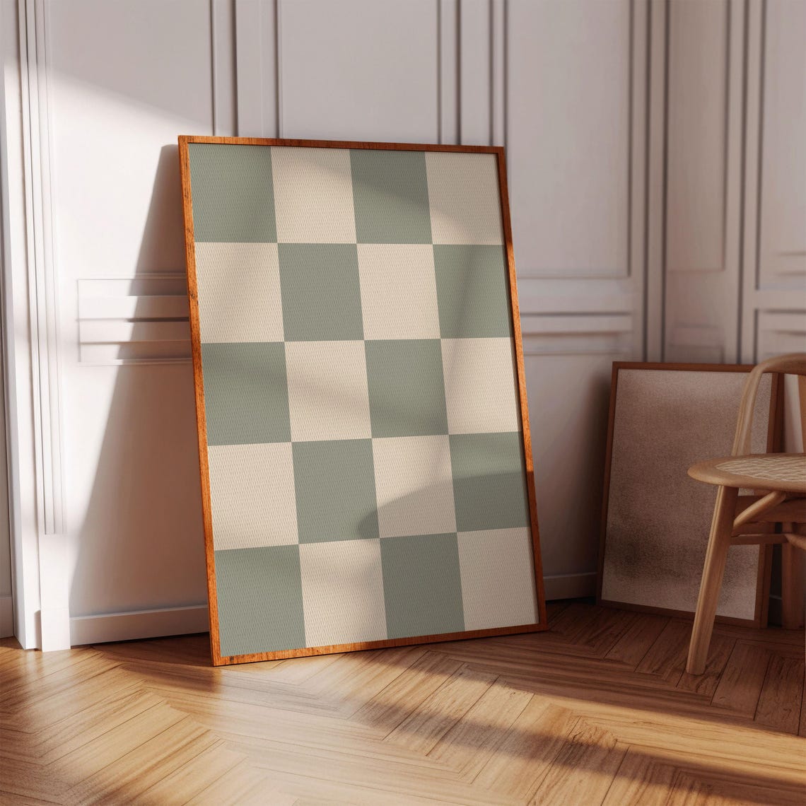 Sage Green Cream Retro Checkerboard Pattern Minimalist Poster - Image 3