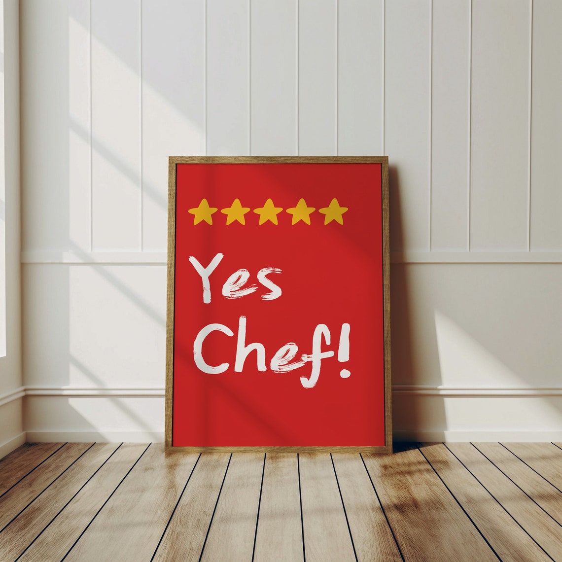 Yes Chef Five Yellow Stars Bold Red Background Kitchen Quote Poster