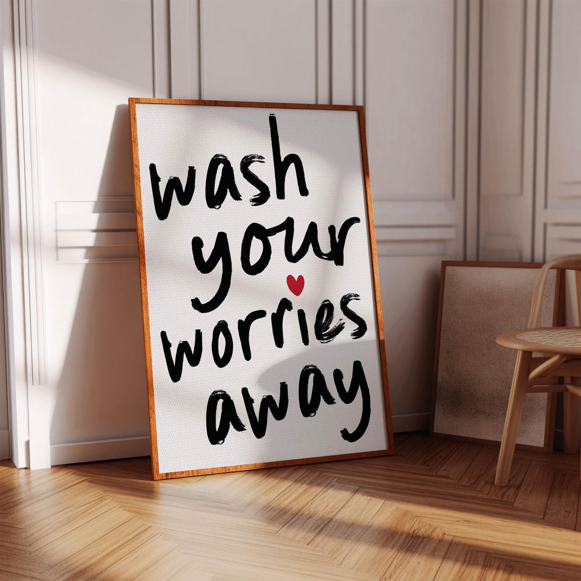 Wash Your Worries Away Brush Script Bathroom Poster With Red Heart