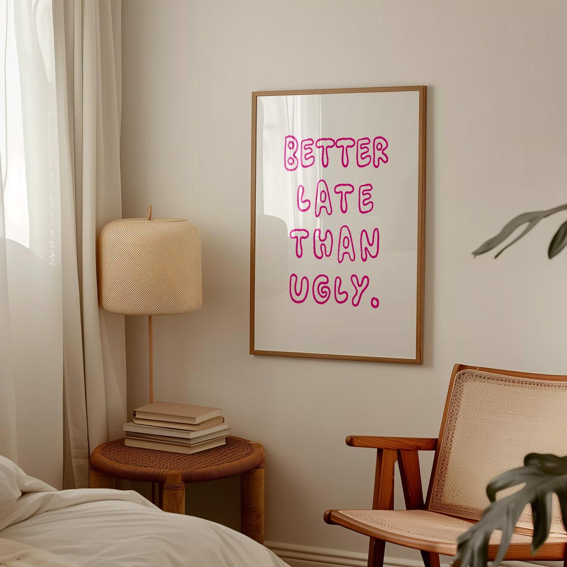 Better Late Than Ugly Pink Outline Bubble Letter Funny Wall Poster - Image 2