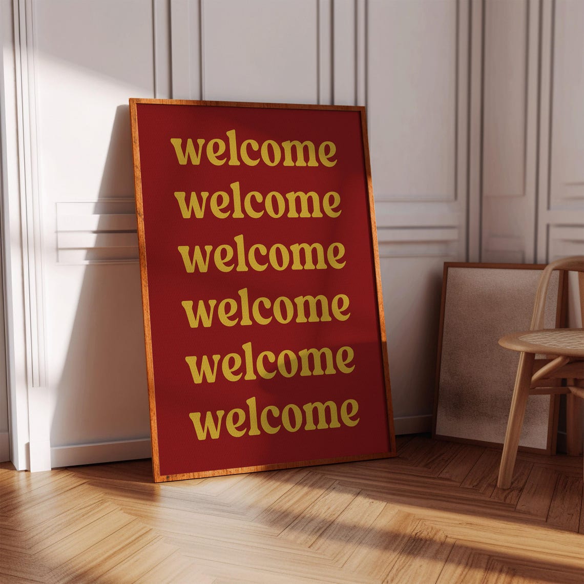 Welcome Retro Mustard On Red Poster Bold Repeated Greeting Decor