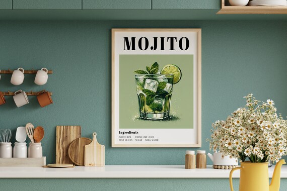 Mojito Cocktail Recipe Kitchen Home Bar Rustic Wall Decor Poster