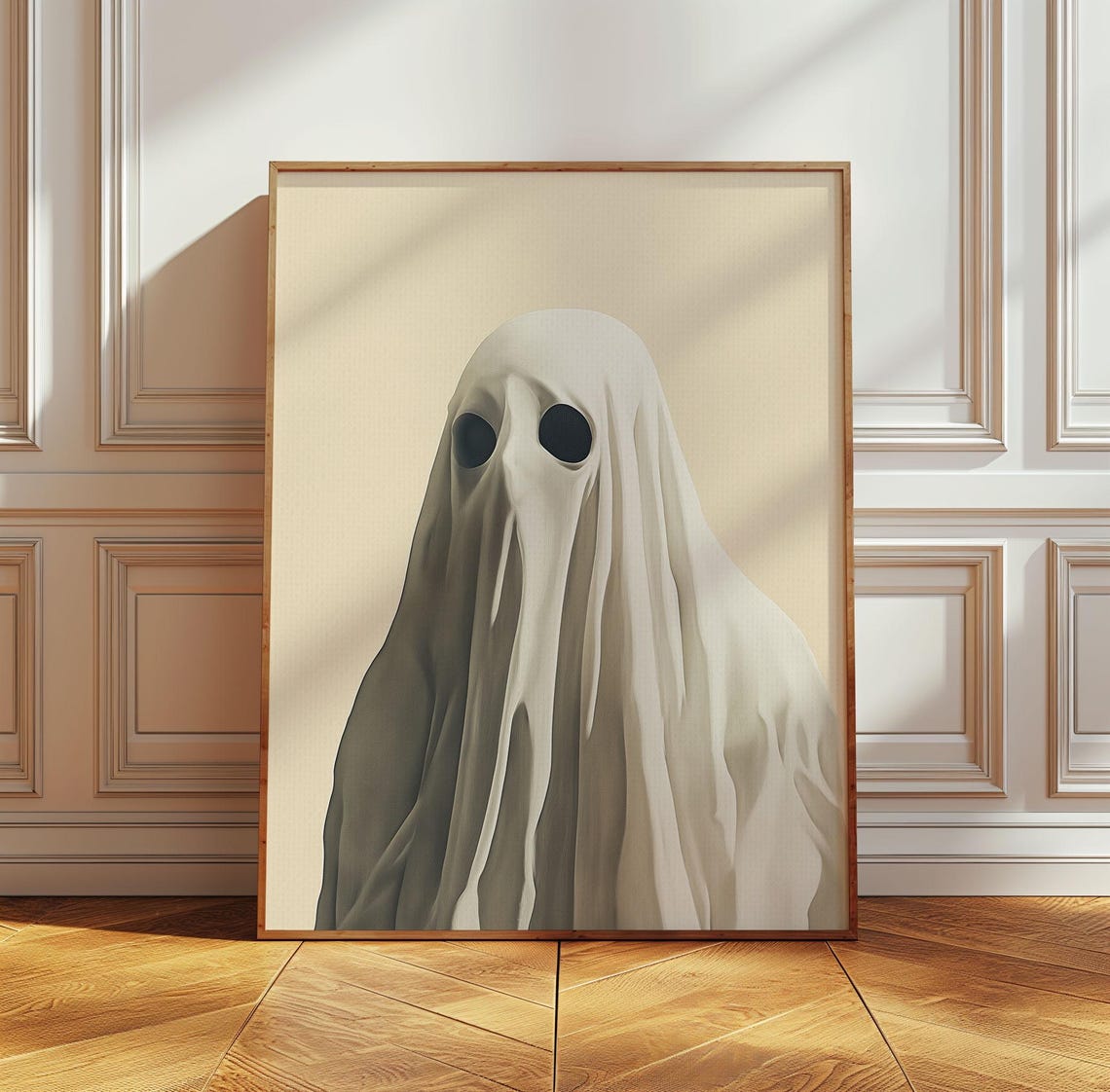 Cute Sheet Ghost Portrait Minimal Halloween Beige Art Poster - Image 3