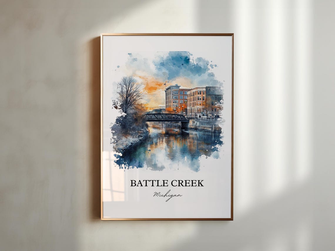 Battle Creek Michigan Watercolor River Bridge Sunset Scene Poster - Image 4