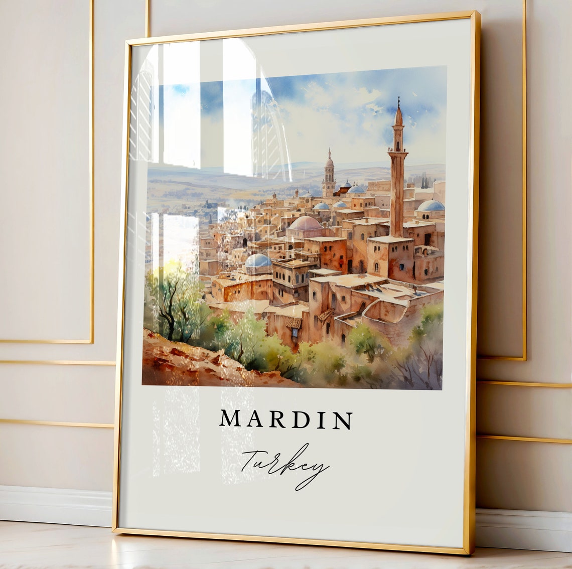 Mardin Turkey Watercolor Hilltop Old City Minarets Panorama Poster - Image 4