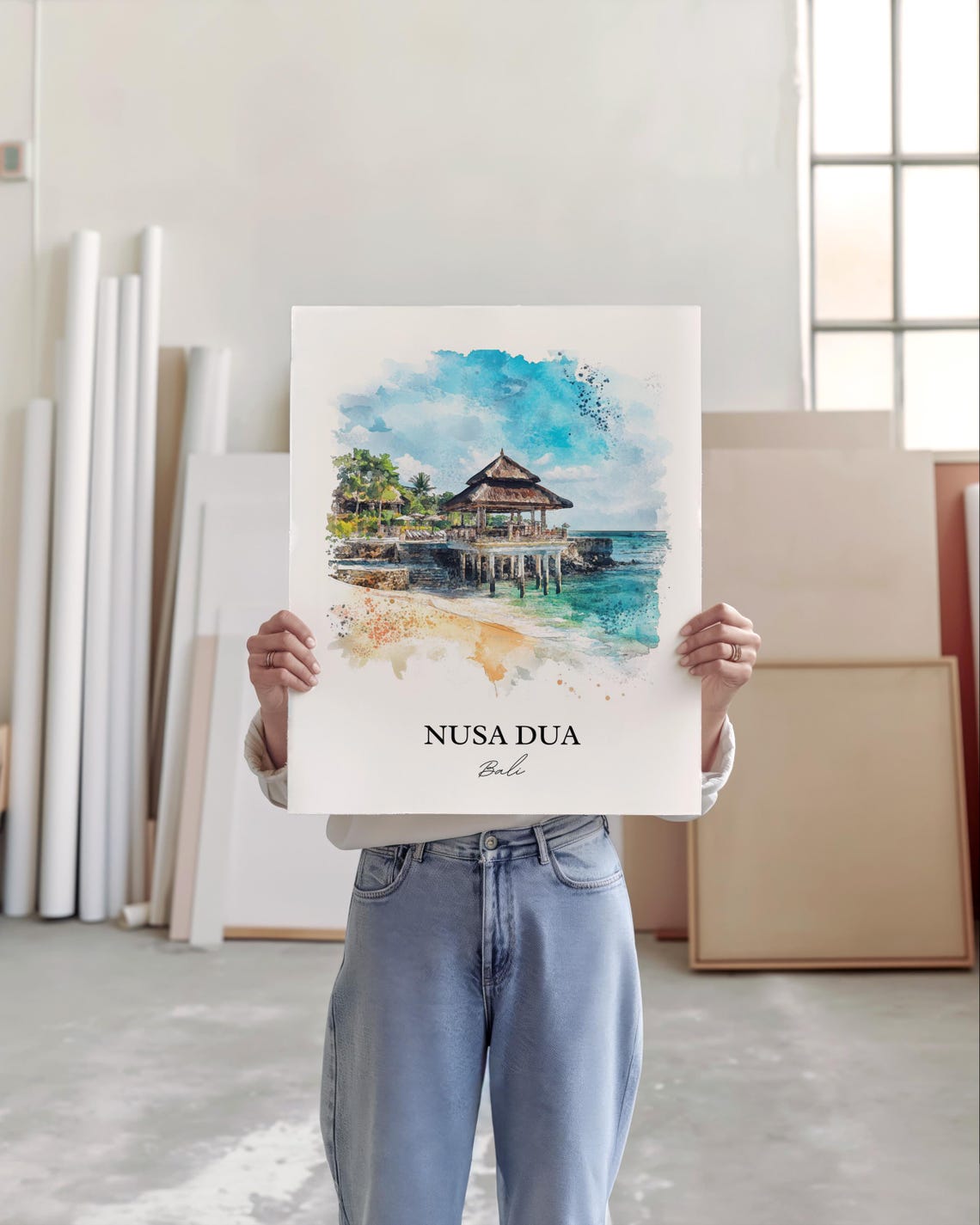 Nusa Dua Bali Watercolor Ocean Pavilion Sandy Beach Cove Poster - Image 4