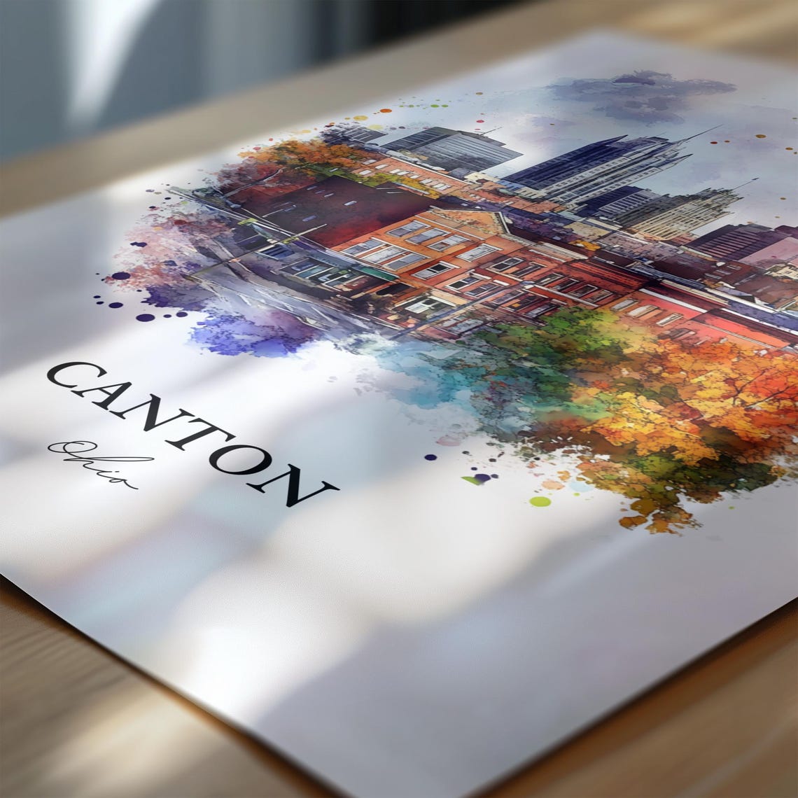 Canton Ohio Watercolor Fall Downtown City Skyline Scene Poster - Image 6