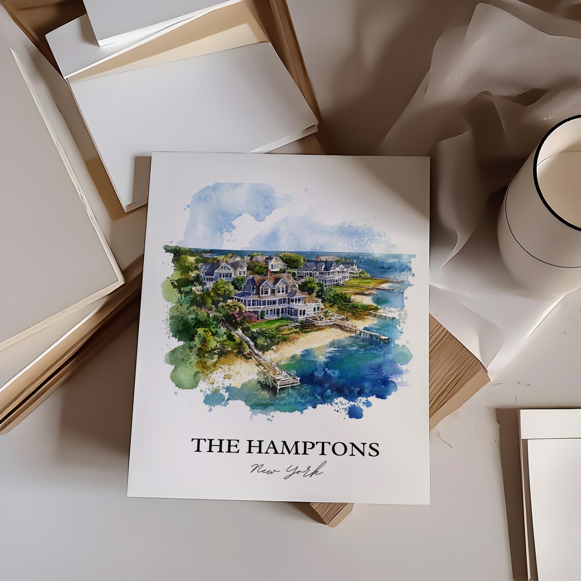 The Hamptons New York Watercolor Beach House Scene Art Poster - Image 2